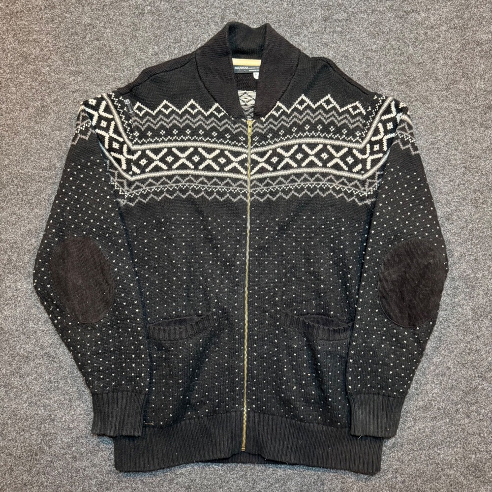 Rocawear Mens Full Zip Fair Isle Cardigan Sweater Wool Blend Elbow Patches Large